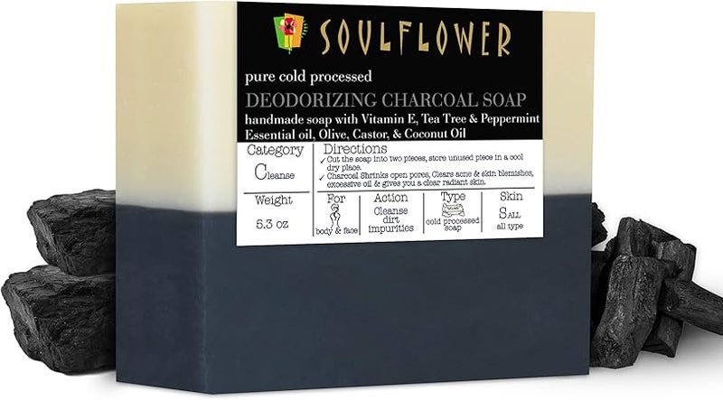 Soulflower Deodorizing Charcoal Soap With Activated Charcoal, Peppermint Oil, Tea Tree Oil, Vitamin E For Acne, Body Odour - 150gm/5.3Oz - Image 2